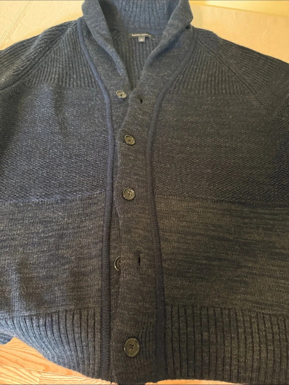 Men's Navy Shawl Collar Button-Up Sweater